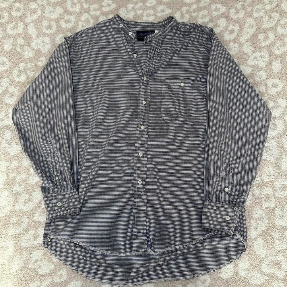 Wrangler Striped Button-Up Shirt Blue Grey Vintage X-Long Tails L Tall